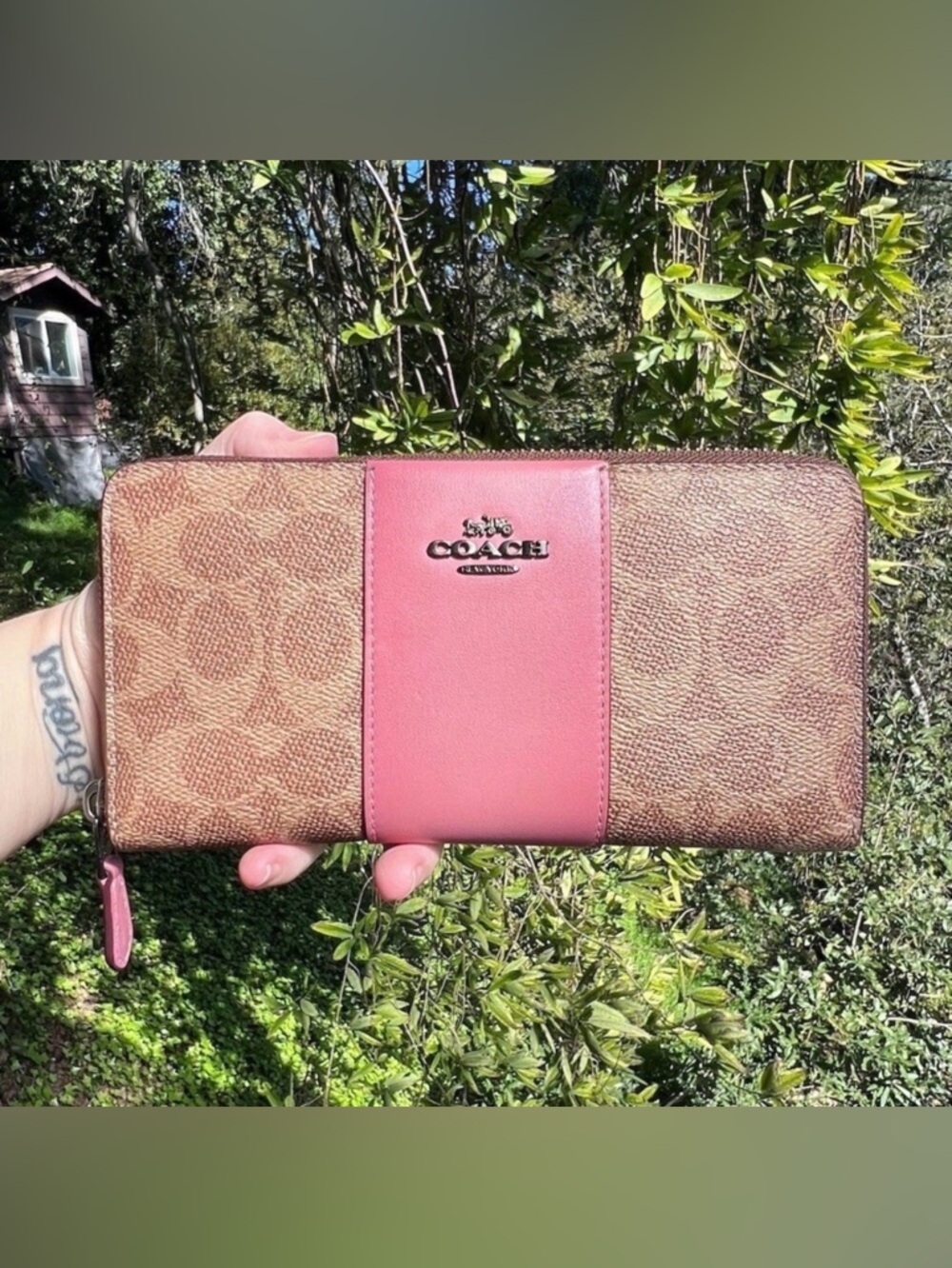 COACH Long Zip-Around Wallet Tan/Pink Signature Canvas & Leather w Gold Hardware
